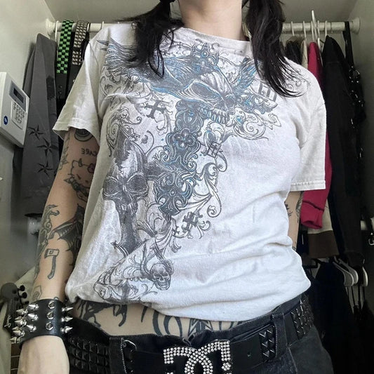 2000s Retro Grunge T-shirtsY2K Cyber Goth Emo Skull